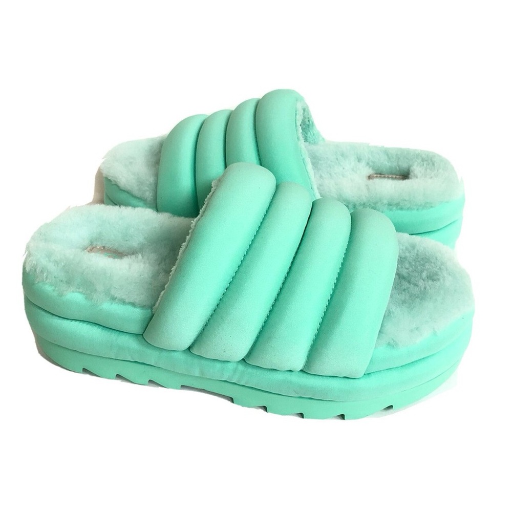 UGG Quilted Platform Shearling Slide Slippers in Mint